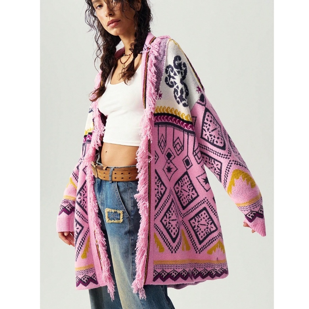 Pink Boho Open Cardigan Tassel, Fringe Detailed Geometric, Aztec Print